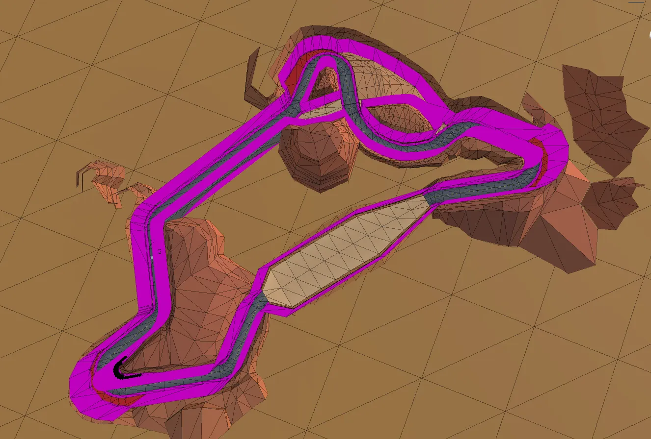 Overhead track view with highlighted collision geometry